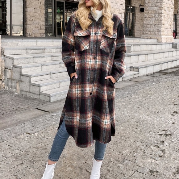 black red plaid pocket button down long coat - Picture 4 of 7